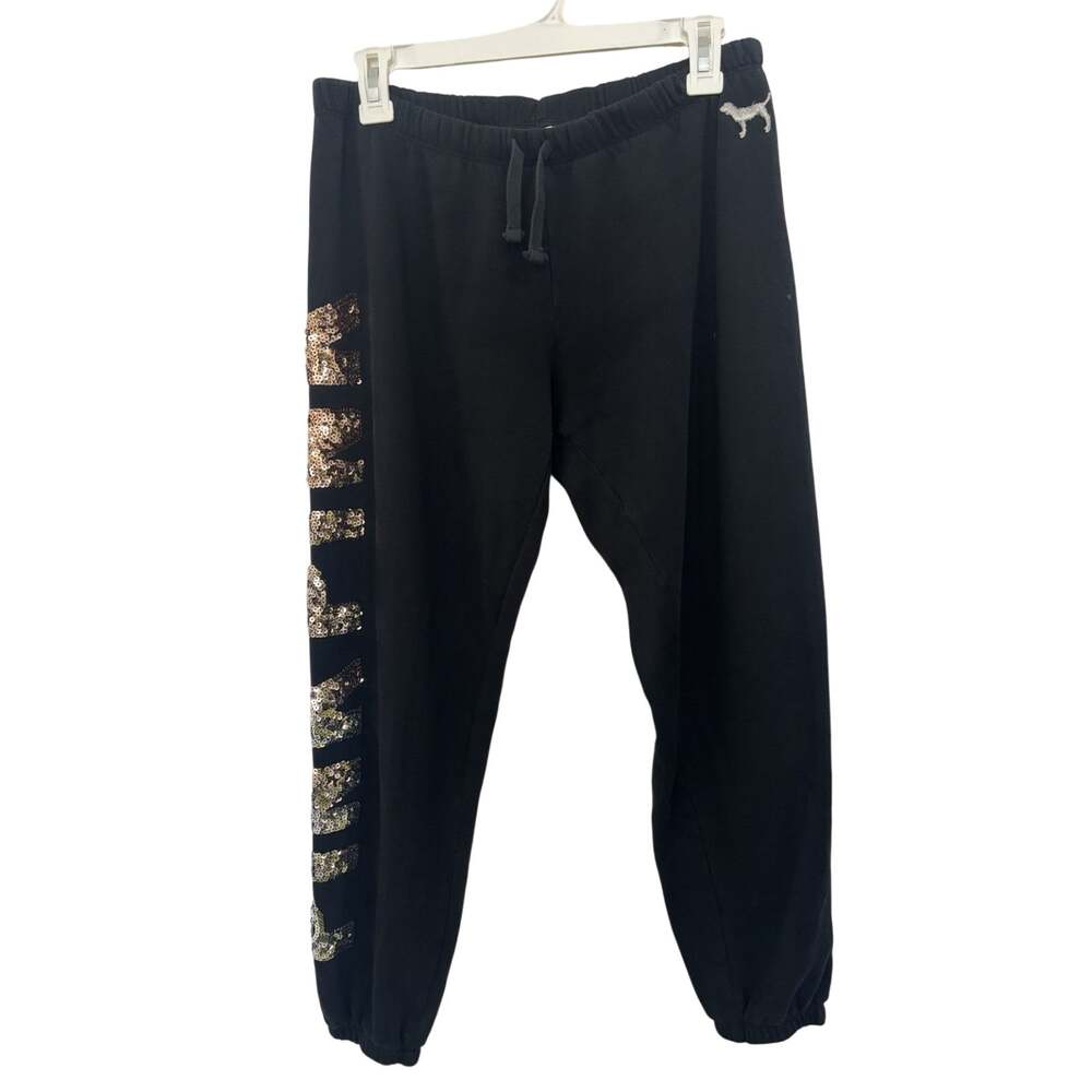 Victoria’s Secret PINK Black Sweatpants Bling Rose Gold Sequins M FLAWS